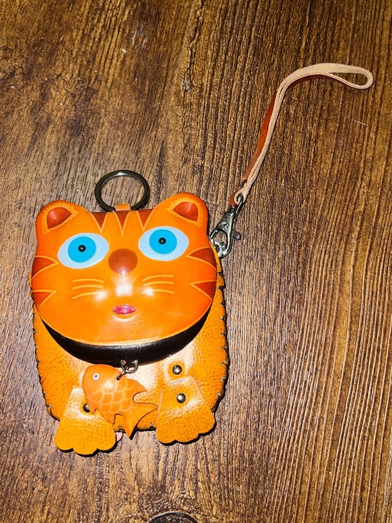 Handbags - Las Vegas Orange Cat Leather Playful Wristlet Keychain Coin Purse